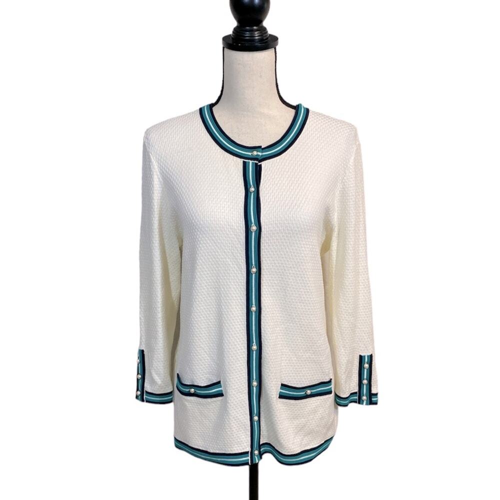 Talbots Ivory Waffle Knit Preppy Cardigan w/Contrast Trim Size Medium